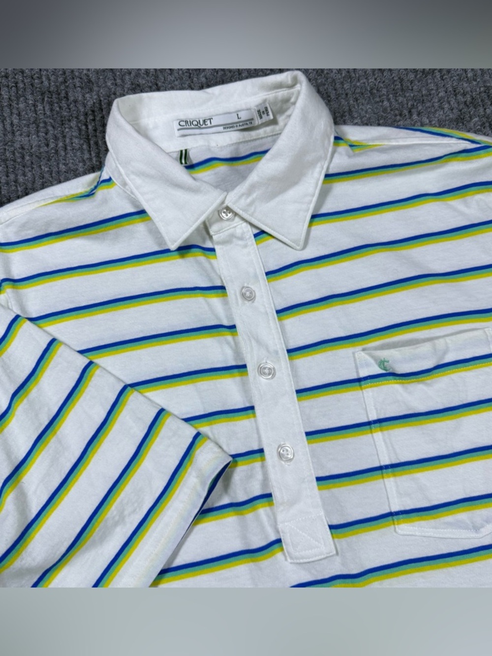 Criquet Shirt White Yellow Blue Striped Mens Polo Size L Pocket Organic Cotton